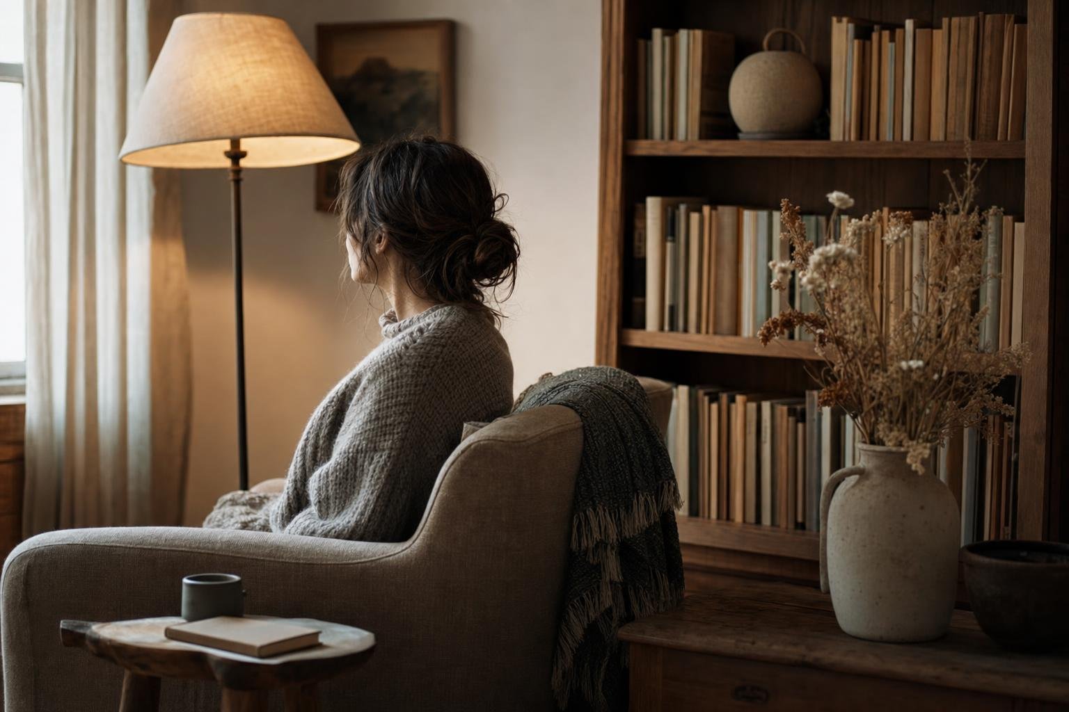 A cosy reading corner with a shelf of well-worn books and soft lamplight