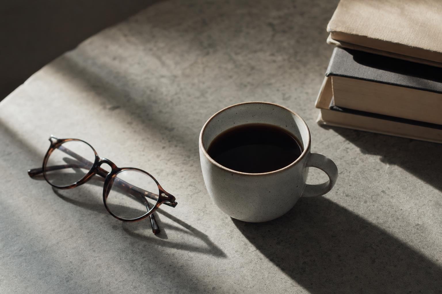 A cup of coffee beside an open notebook on a warm wooden table