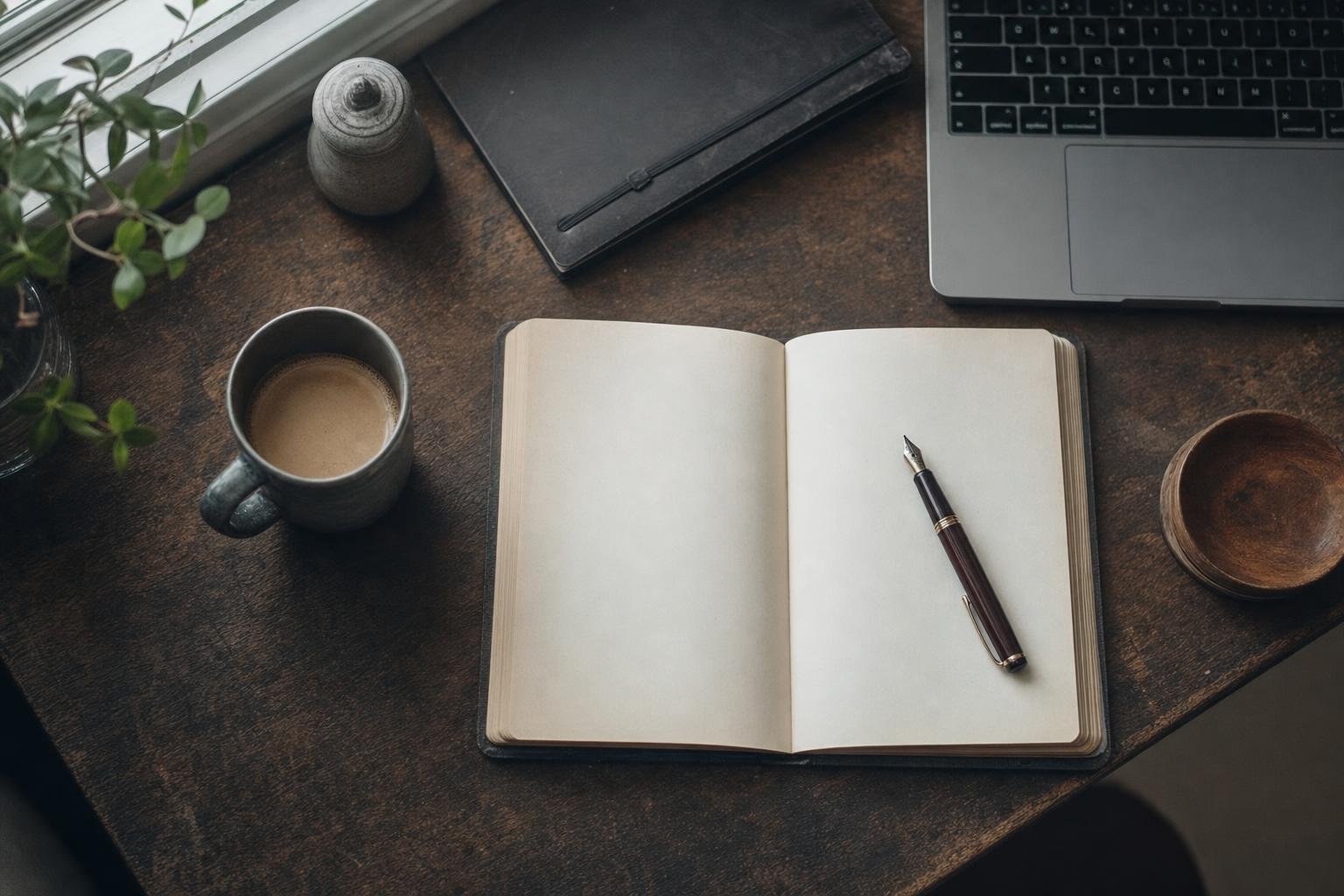 A worn wooden table by a window with a small potted herb and a notebook